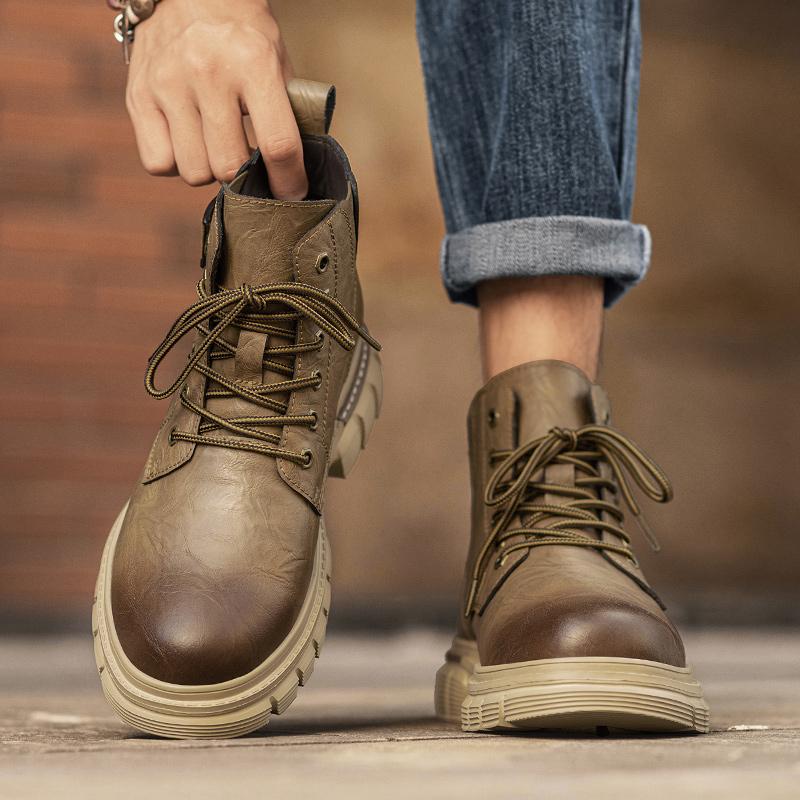 Fashion Men's Casual Leather Boots Winter Men Work Boot Mens Shoes Non-slip Designer High Top Ankle Boots Black Motorcycle Shoes