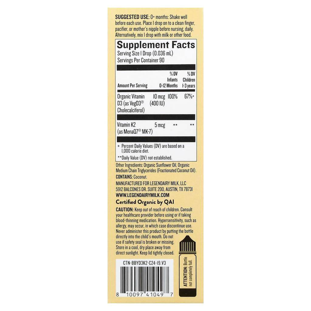 Vitamin D3 & K2 Organic Drops, 0+ Months, 3.24 Ml (0.1 Fl Oz)