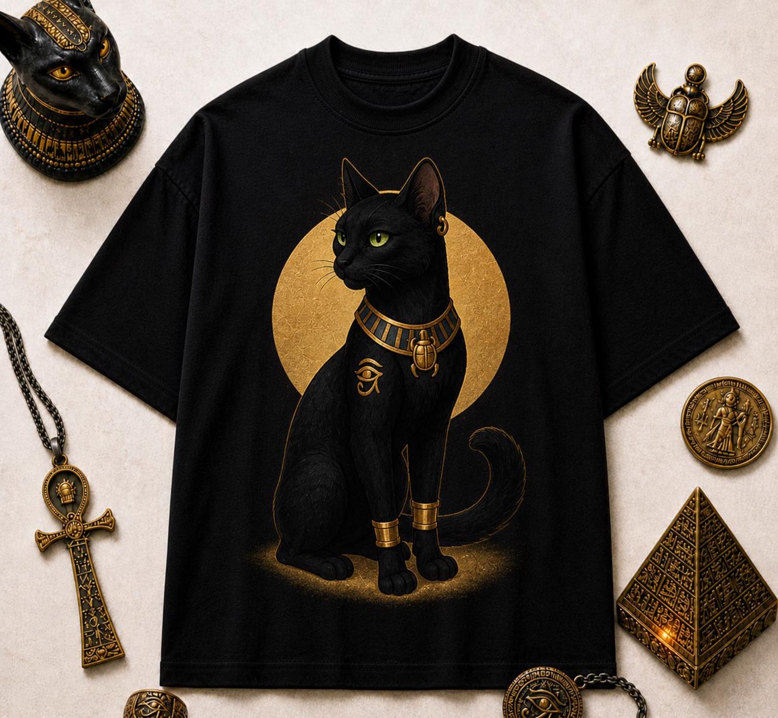 Egyptian Bastet Black Cat T-Shirt, Ancient Egypt Eye of Horus Graphic Tee 2XL