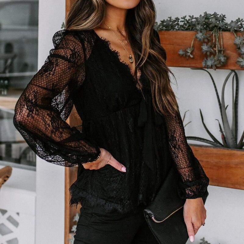 Fashion Lace-up Bow Tie Long Sleeve Tops Casual Embroidery Patchwork Lace Shirt Elegant Hollow V-neck Slim Waist Blouse 29104
