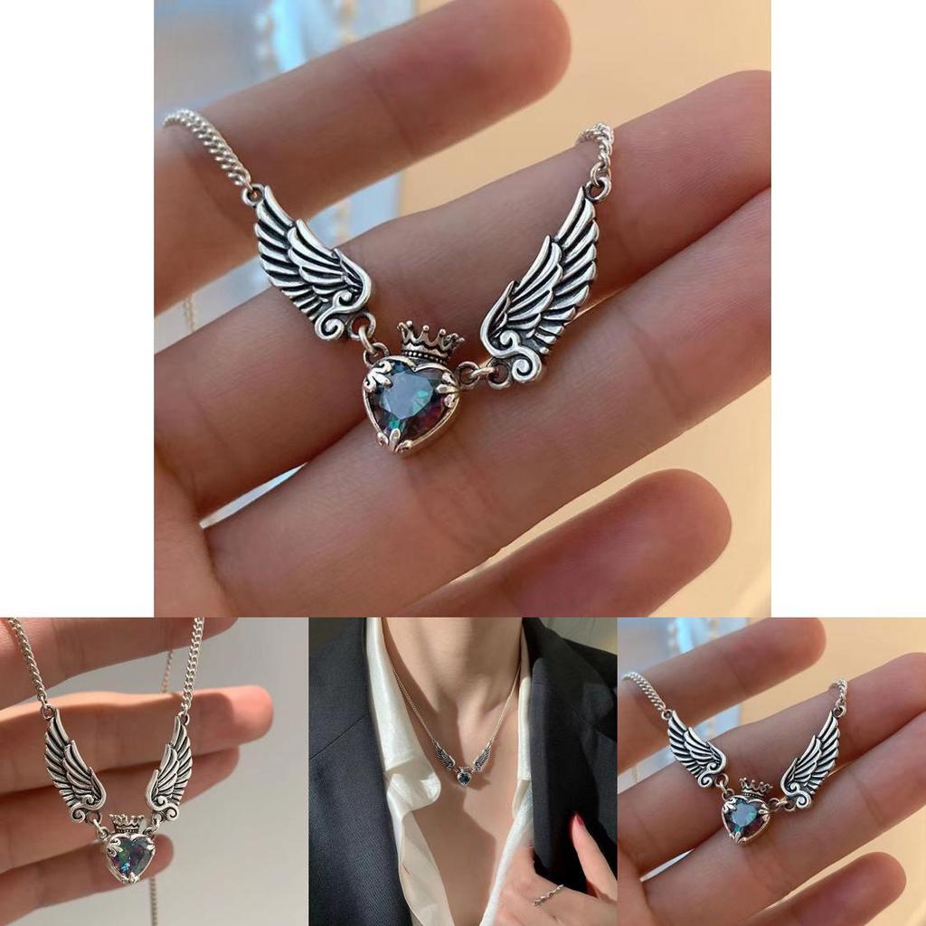 Vintage Inspired Heart Crown Wings Necklace With Crystal Accents For Womens Fashion