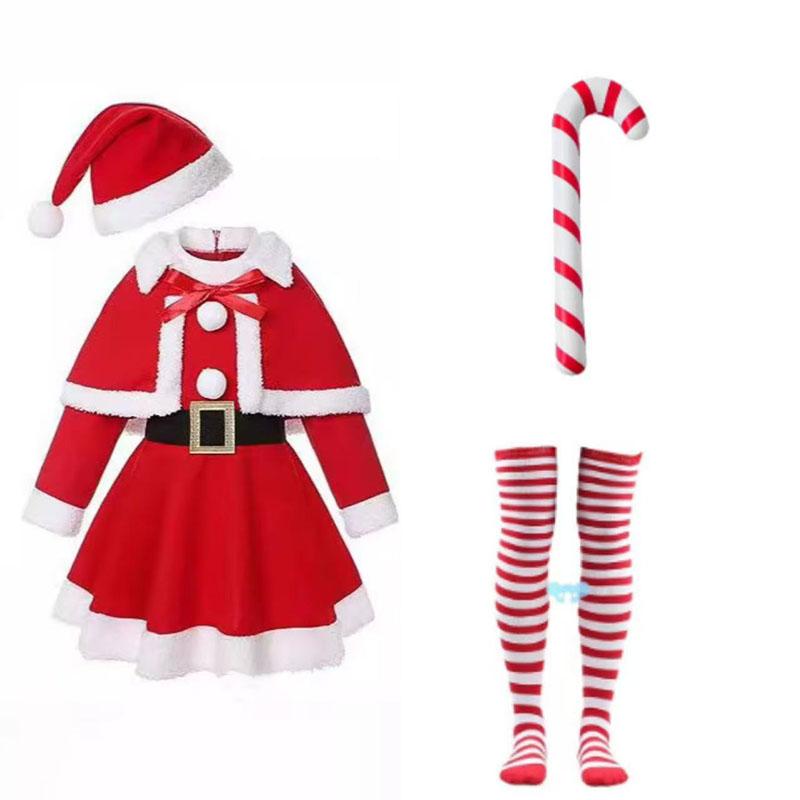 6 Pieces Christmas Elf Costume Red Shawl Winter Girls Boys Clothes With Hat For Christmas Eve Party New Year Children Outfit Set