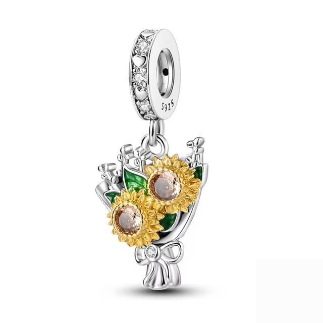 New Copper Butterfly Sunshine Sunflower Bouquet Exquisite Charm Talisman Pendant Fit Original Bracelet Diy Women'S Jewelry