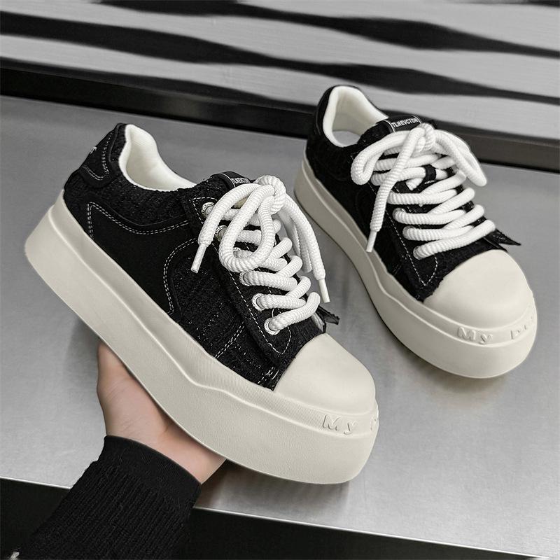 Spring black and white canvas shoes platform heightening casual big head shoes niche comfortable board shoes