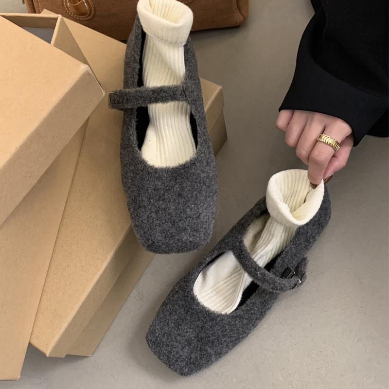 Fashion Fashion Square Toe Fleece Flet Ballet Flats Woman Winter Warm Wool Mary Jane Shoes Ladies Brand Design Elegant Plush Loafers