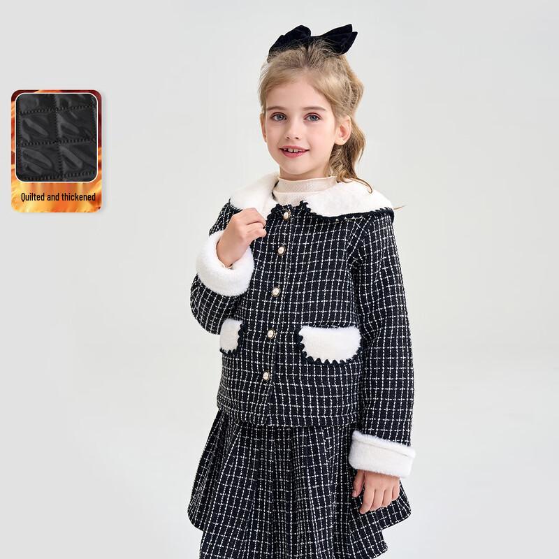 Mengtejiao Girls  Winter Padded Furry Lapel Coat & Skirt Set 110