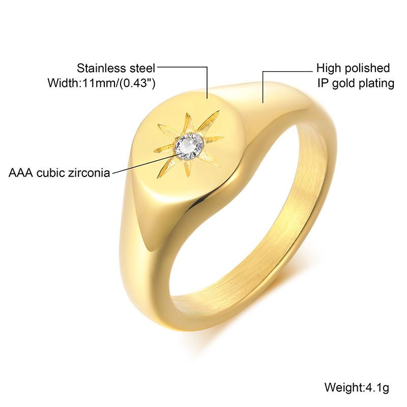 Starburst Signet Ring for Women Stainless Steel with Cubic Zirconia Wedding Brand Pinky Rings Statement Jewelry