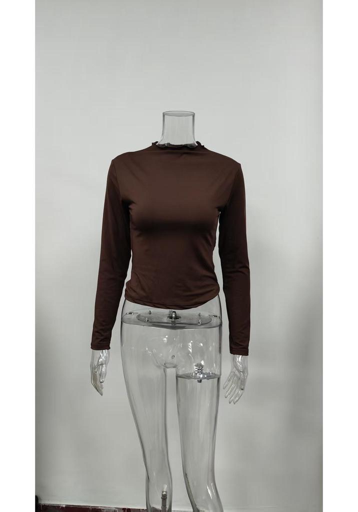 2024 Women's Apricot Slim Fit Pleated Long Sleeve T-Shirt