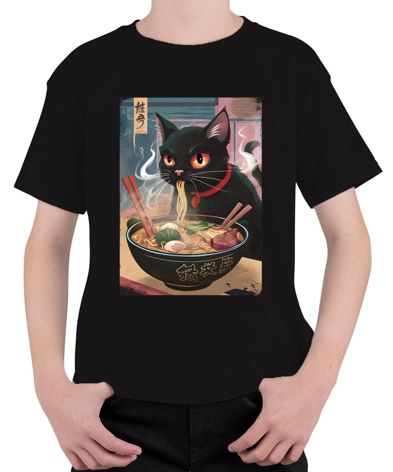 Schwarze Katze Ramen Nudelsuppe Japanisch Kawaii Anime Neko Chibi Unisex Kinder XXL