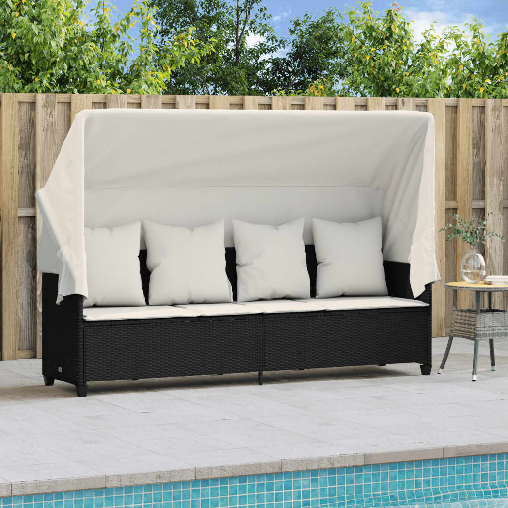 Sun Lounger with Canopy and Cushions Black Poly Rattan