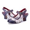 Johnature Women's Shoes Genuine Leather Retro Splicing Lace Comfortable Middle Heel Sandals