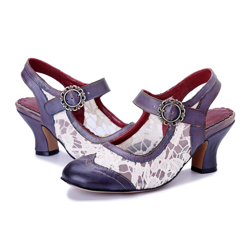 Johnature Women's Shoes Genuine Leather Retro Splicing Lace Comfortable Middle Heel Sandals