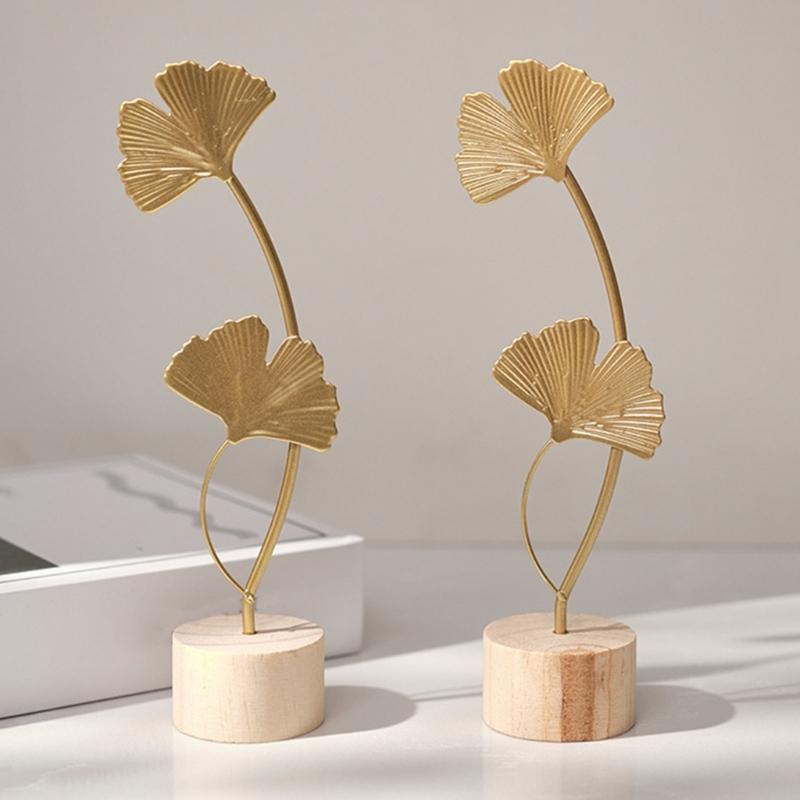 Nordic Iron Art Ginkgo Leaf Statue Sculpture with Wood Base Desktops Decorations Home Living Room Book Shelf Ornament