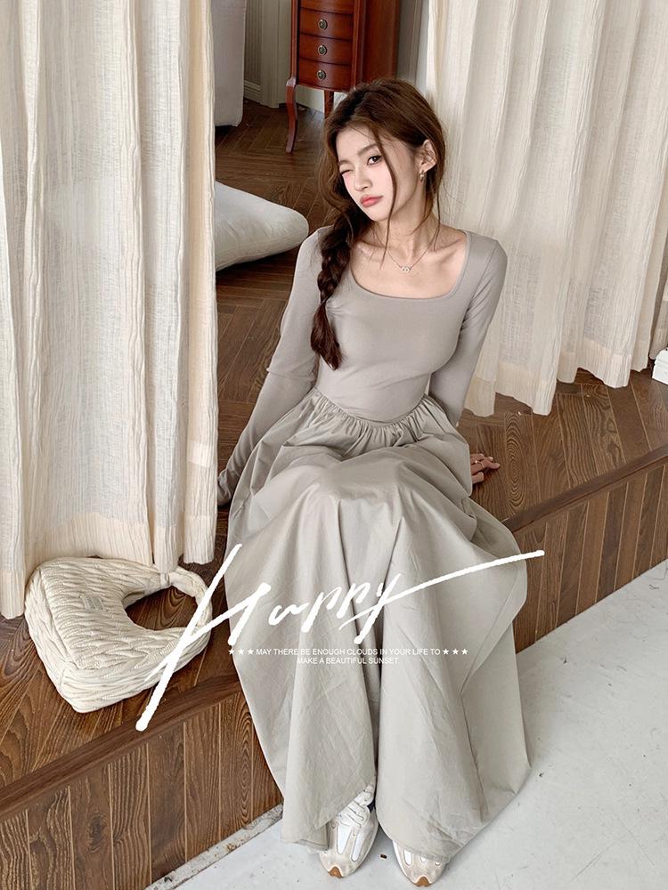 Spring 2026 Women's Square Neck Long Sleeve Slimming Knit Dress