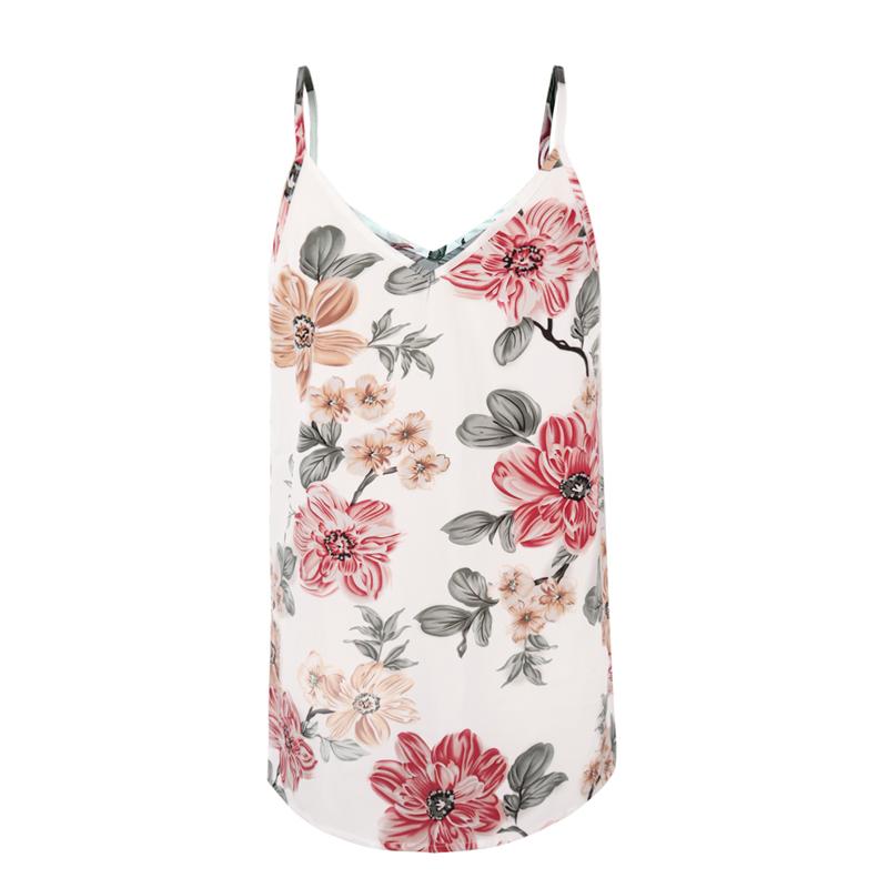 Kvinner V-hals Floral Tank Tops Dame Sommerferie Uformell Løs Vest T-skjorte