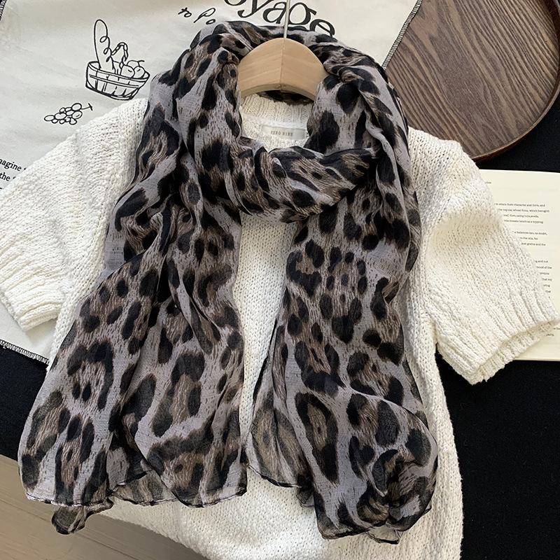 Retro Coffee Leopard Print Silk Scarf Neck Women's Thin Silk Scarf Long Strip High-end Scarf Shawl