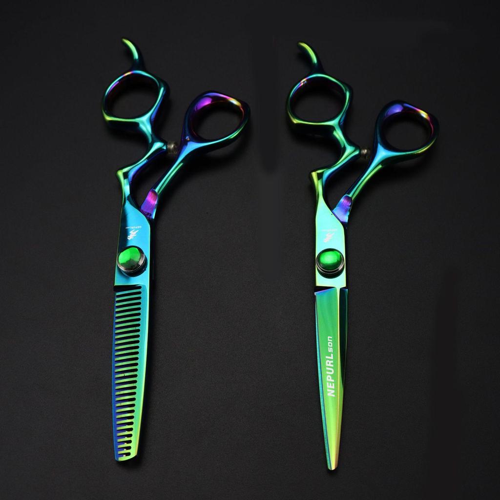6.0" Napson Green Curved Handle Hairdressing Scissors - Barber Shears, Bangs Scissors, Thinning Shears