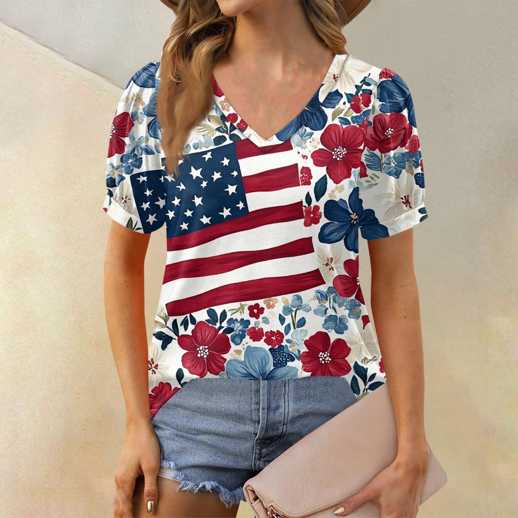 Women's Fashion Independence Day Print Top Puff Short Sleeve V-neck T-shirt Loose Casual T-shirt