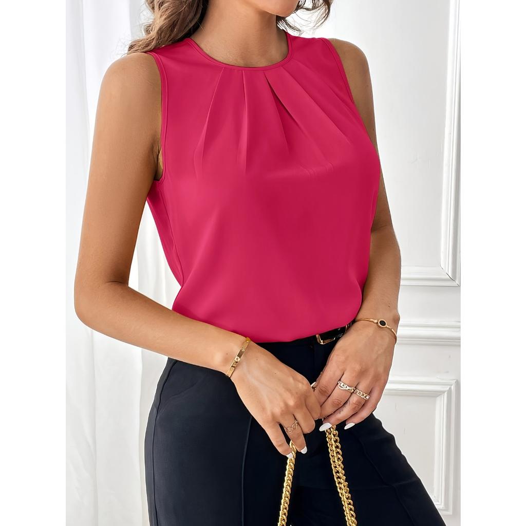 Women's Elegant Solid Color Crew Neck Tank Top, 100% Polyester Non-Stretch Woven Fabric, Fashionable Top for All Seasons