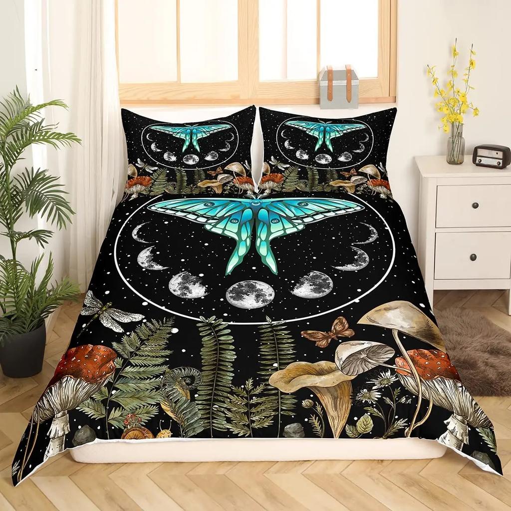 Death Moth Flowers King Queen Bedding Set Leaves Sun Moon Duvet Cover Gothic Animal Floral Comforter Cover Polyester Quilt Cover