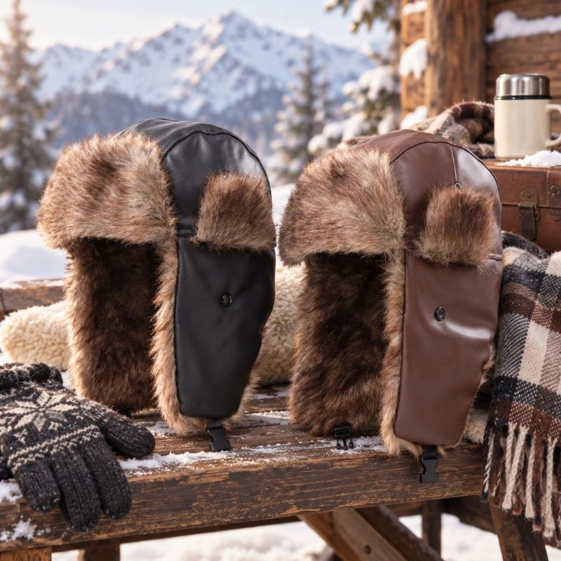 Dick gefütterte Trapper-Mütze mit PU-Außenschicht, strukturierter Zierleiste und Ohrenklappen für den Winter-Arbeitsweg und Reisen