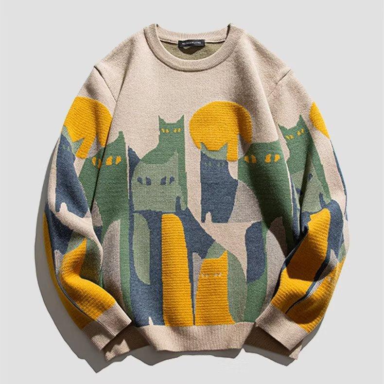 Suéter de malha de outono para homens e mulheres, inverno, harajuku, desenho animado, estampa de gato, pulôver, vintage, casual, solto, suéter, streetwear
