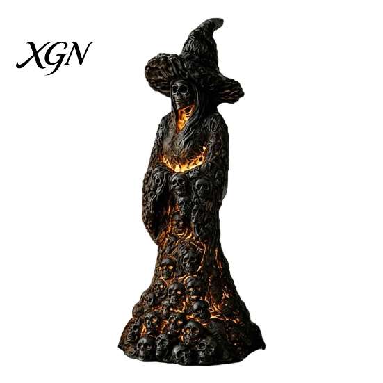 Spooky Witch Table Centerpiece Skull Figurine, Resin Skeleton Ornament, Gothic Creepy Halloween Decoration Statue for Tabletop Mantel Fine Carved