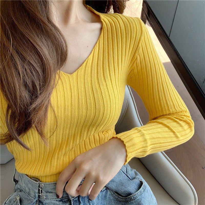 Damen V-Ausschnitt Strickpullover Orange Koreanischer Stil Internetberühmter Pullover für Oberbekleidung Langarm Slim Fit Basis-Pullover für Herbst