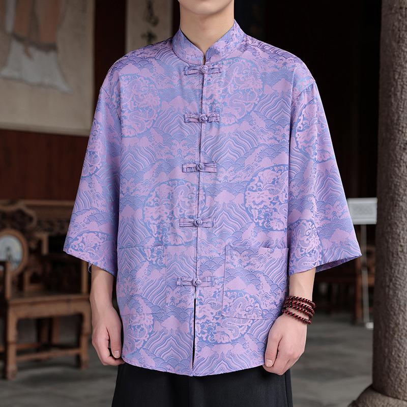 Chinese style ice silk seven-quarter-sleeved shirt men's Tang suit buckle Hanfu large size printed short-sleeved shirt ethnic style