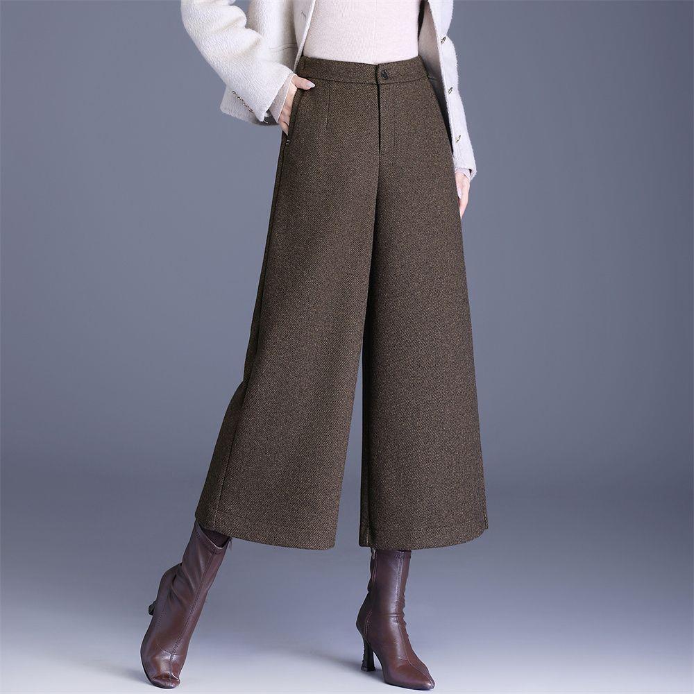 Women's High-Waist Winter Wool Wide-Leg Pants, Thickened Drape, 2025 New Petite 9/10 Length Straight-Leg