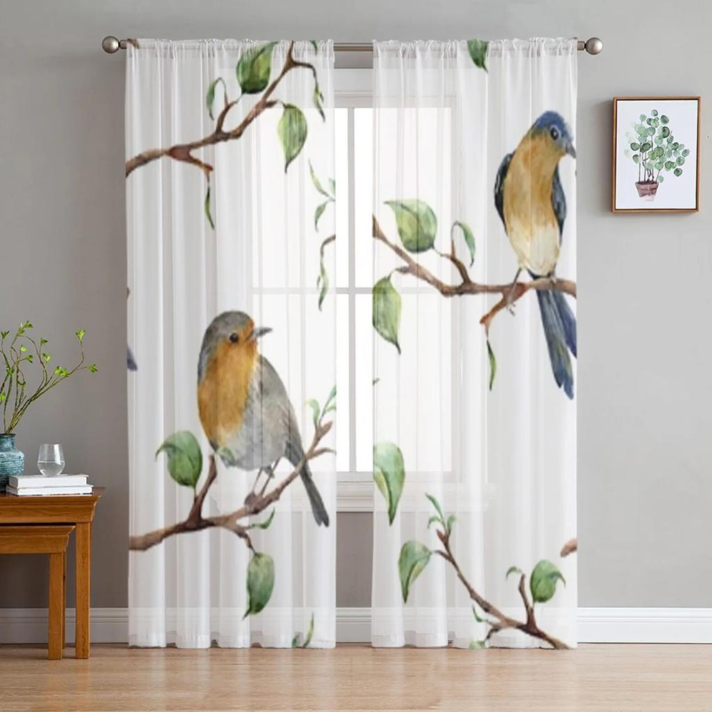 Transparente Fenstervorhänge mit Zweigen und Vögeln für Wohnzimmer, Schlafzimmer, moderne Voile-Tüll-Vorhänge, Stoffvorhänge für die Küche