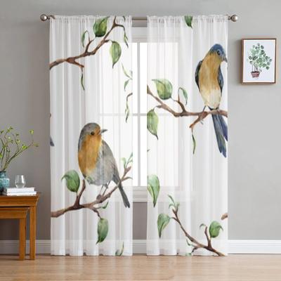 Branches And Birds Sheer Window Curtains For Living Room Bedroom Modern Voile Tulle Curtains Fabric Drapes For Kitchen
