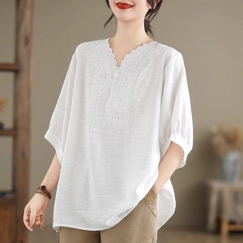 Plus Size Women Loose Embroidered V Neck Three Quarter Sleeve Casual T Shirt Top