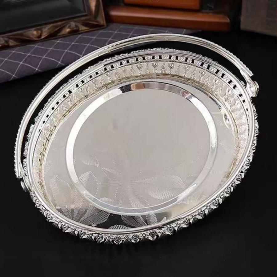 Vassoio Frutta, Piatto Rotondo in Lega Portatile Disco Argento per Snack, Decorazione Scrivania Soggiorno Forniture per Conservazione Torte Decorazione Matrimonio