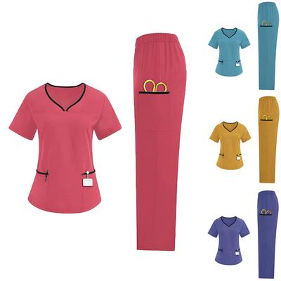 Ladies' Loose And Comfortable V,neck Short Sleeved Workwear With Multiple Pockets Suit Set