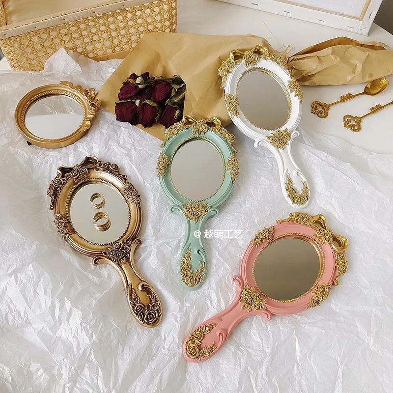 Vintage Handheld Makeup Mirror European Palace Style Princess Women Girls Oval Vanity Mirror Cosmetic Tool with Anti-Slip Handle