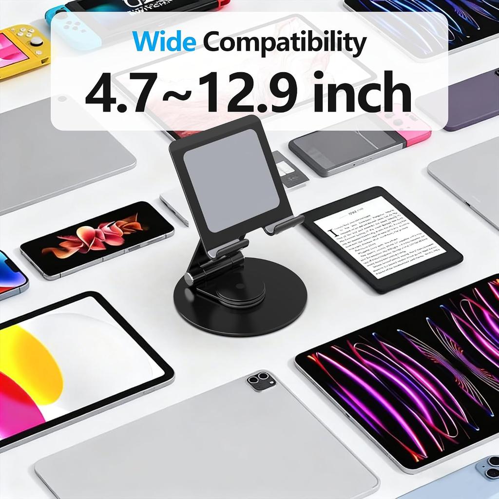 Swivel Tablet Stand, Aluminum Portable 360°Rotating Adjustable Tablet Holder for All 4-12.9’’ iPad Surface Samsung Phone Tablet Kindle E-Reader
