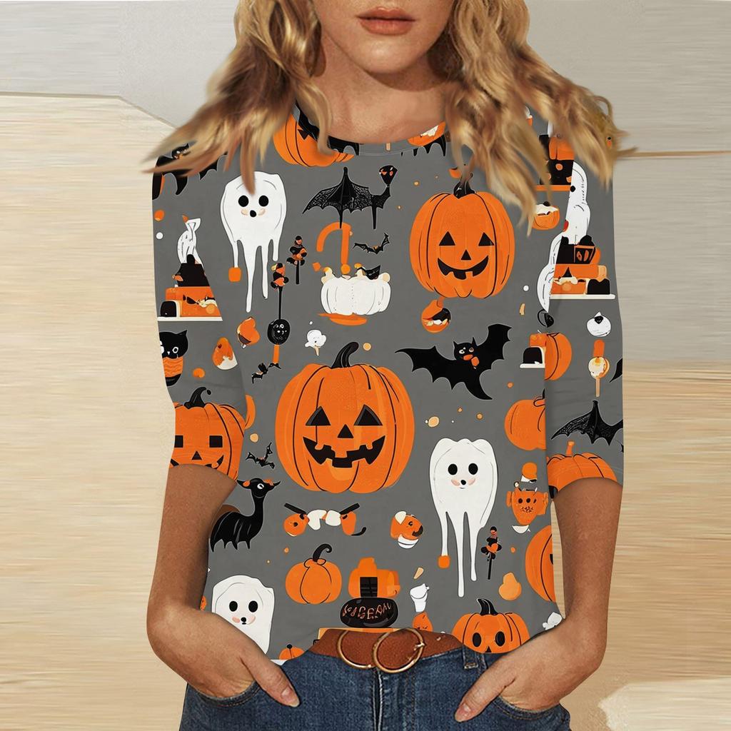 Women's Fashion Casual Three-quarter Sleeve Halloween Printed Round Neck Top