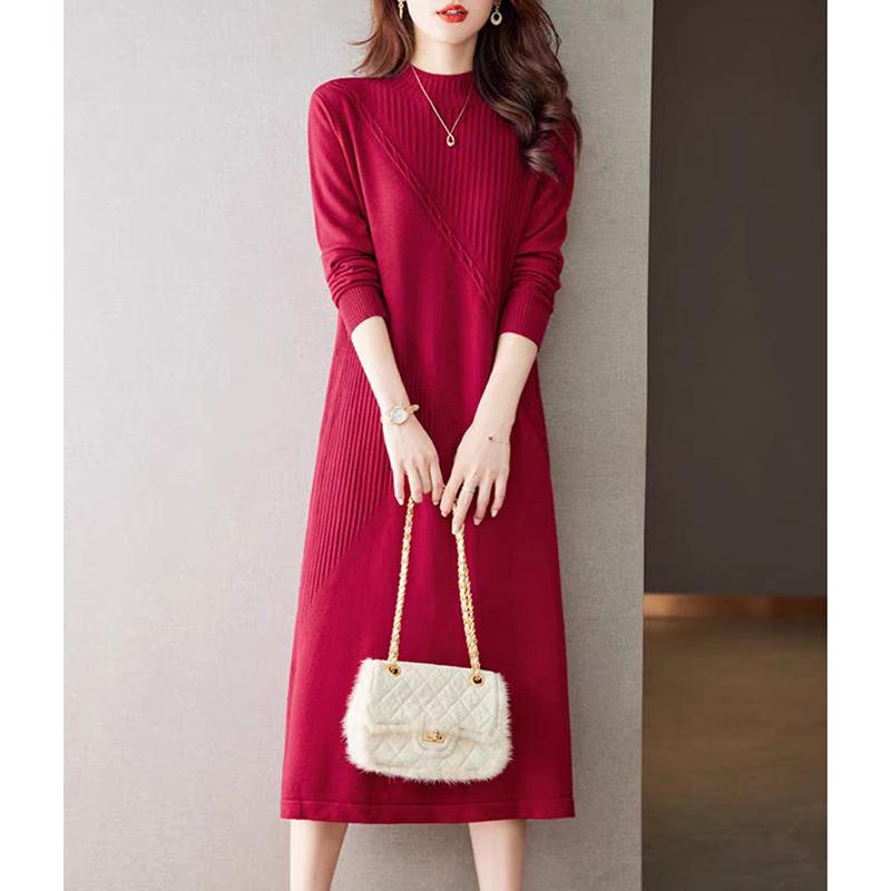 

Женское осенне-зимнее платье-свитер свободного кроя с полувысоким воротником, вязаное платье, длинный свитер, женский свитер 3XL бордовый