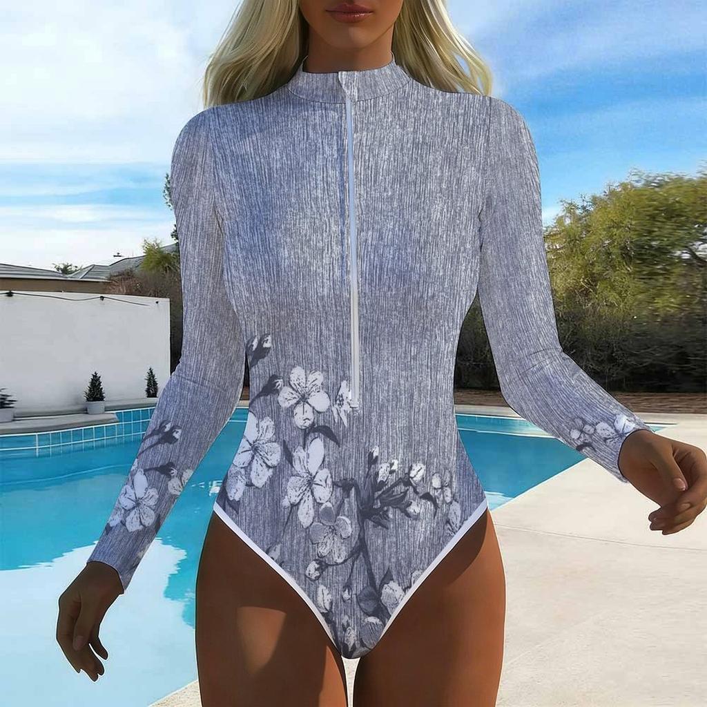 Women Long Sleeve One Piece Swimsuit Zip Front Plant Print Rash Guard Surfing Bathing Suit