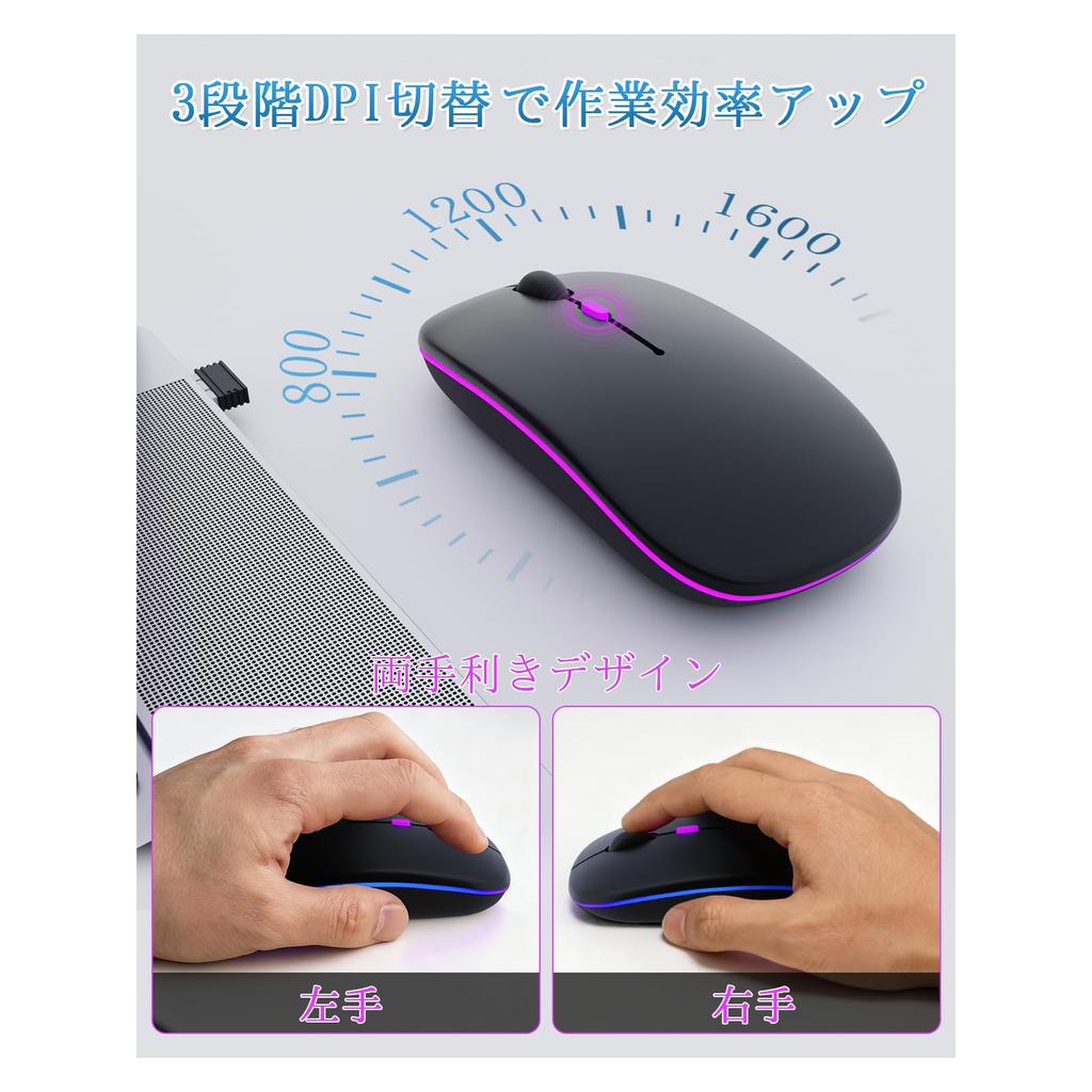 SaikoMausu Wireless Mouse, Bluetooth 2.4GHz, Quiet, Slim, High-Precision, Ambidextrous, Durable, Lightweight, Easy to Grip, Portable, Type-C,