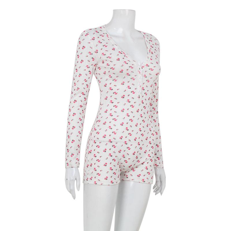 Europäische und Amerikanische Sommer Mode Floral Print Langarm V-Ausschnitt Slim Fit Haus Jumpsuit