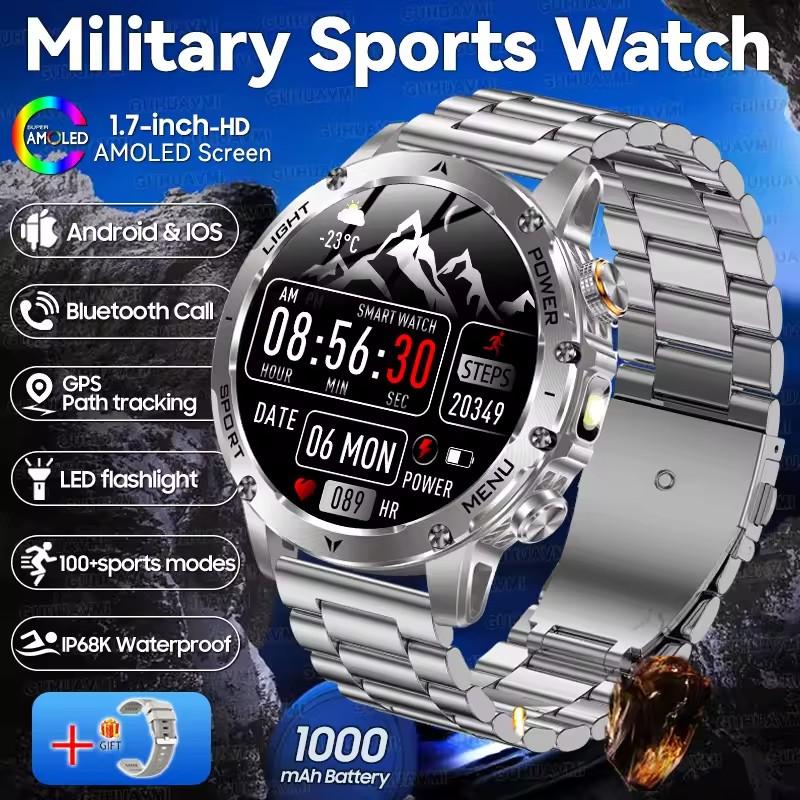 AK87 Men 1000mAh Battery Smart Watch 1.7-inch Large Screen GPS Track Heart Rate 3ATM Waterproof Wireless Call Sports Smartwatch