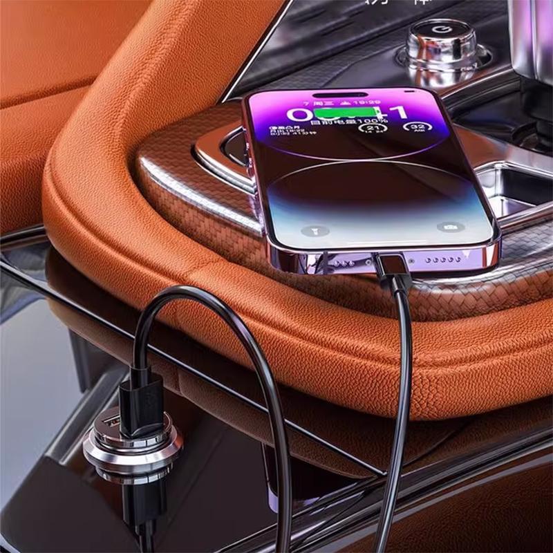 200W Metal Alloy Mini Car Charger Car USB Charger Super Fast Charging Dual Ports USB-A USB-C Hidden Phone Car Charger Adapter