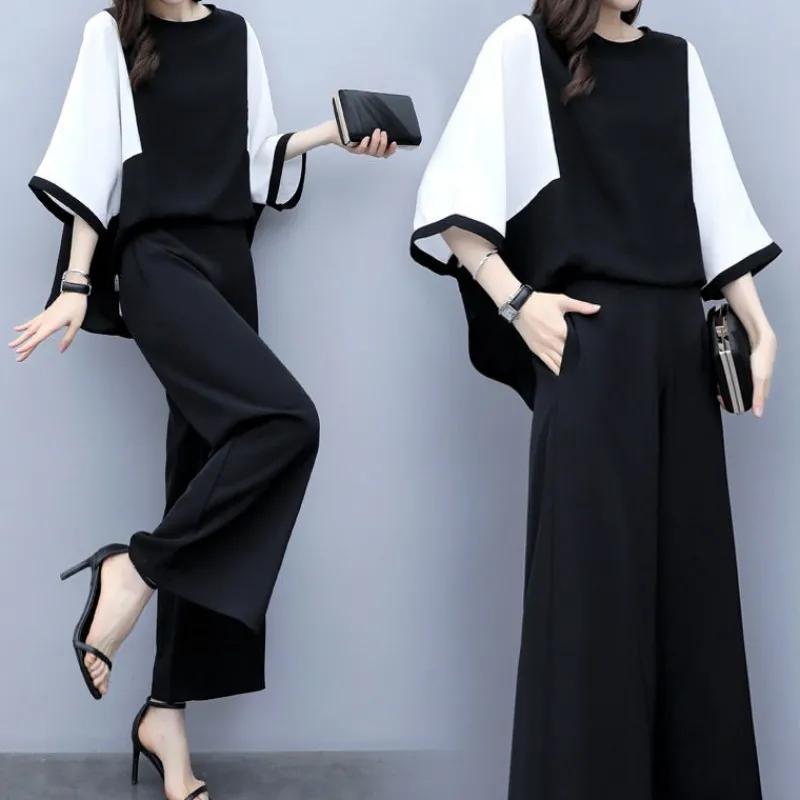 Women's Spring and Summer Two-piece Pants Stitching Loose Top Wide-leg Pants Casual Fashion Suit Women