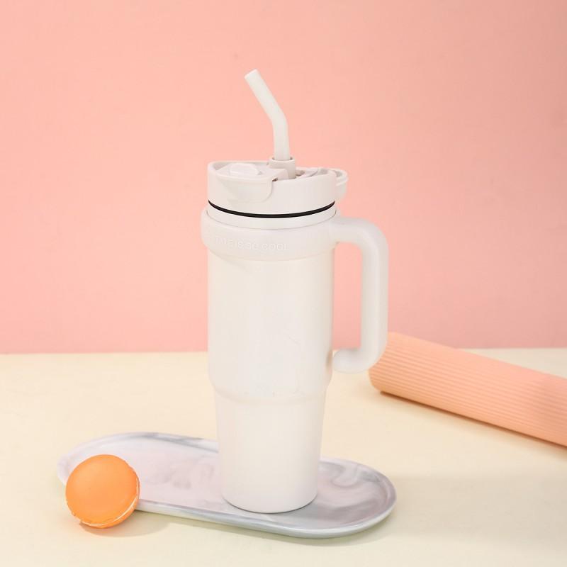 30oz Double Wall Stainless Steel Travel Mug With Handle Straw Insulated Car Cup Office Outdoor Use