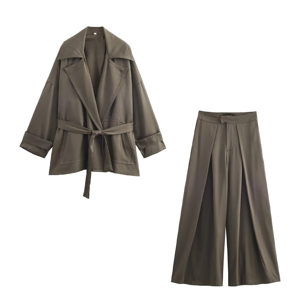 European and American Style, French Style, Women's Wear, Straight-leg Belt, Flowing Jacket, Trench Coat, Mid-rise Pleated Trousers