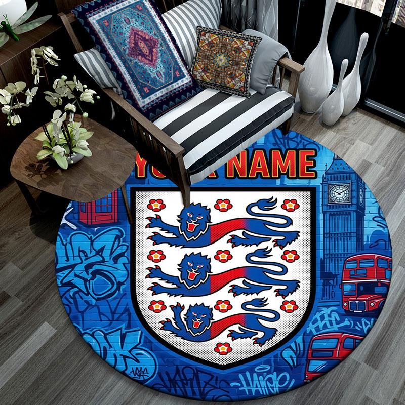Custom Name,England National Football Team Pattern Round rug,Carpet Rug for Living Room Bedroom Playroom ,Non-slip Floor Mat,Holiday Gifts and Birthda