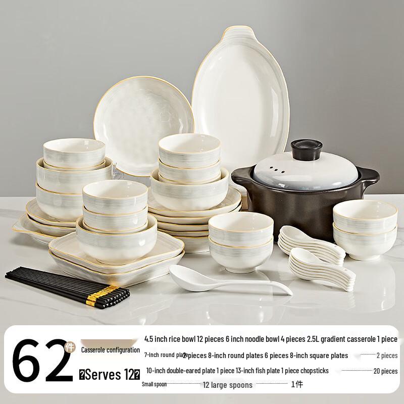 Nordic Ceramic Dinnerware Set 12-Person, 62-Piece Set