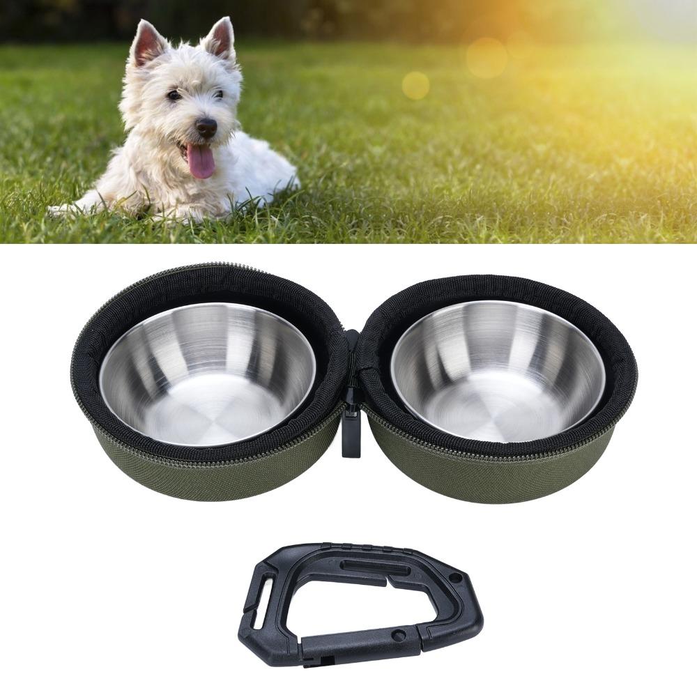 Stainless Steel Portable PET Bowl Set Green and Khaki Travel PET Feeder  PET Feeding